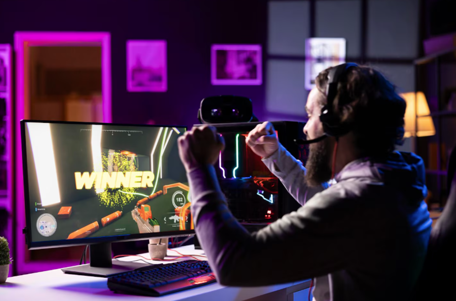 Gamer celebrating victory after winning an online game