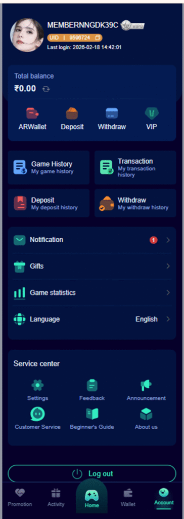 Jalwa user account panel showing wallet balance, deposit, withdraw and VIP section