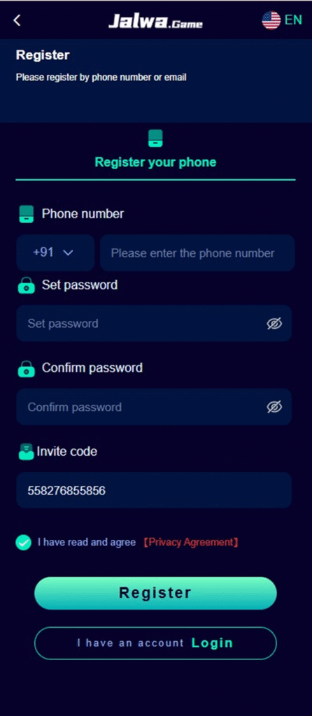 Mobile interface displaying jalwa user registration form